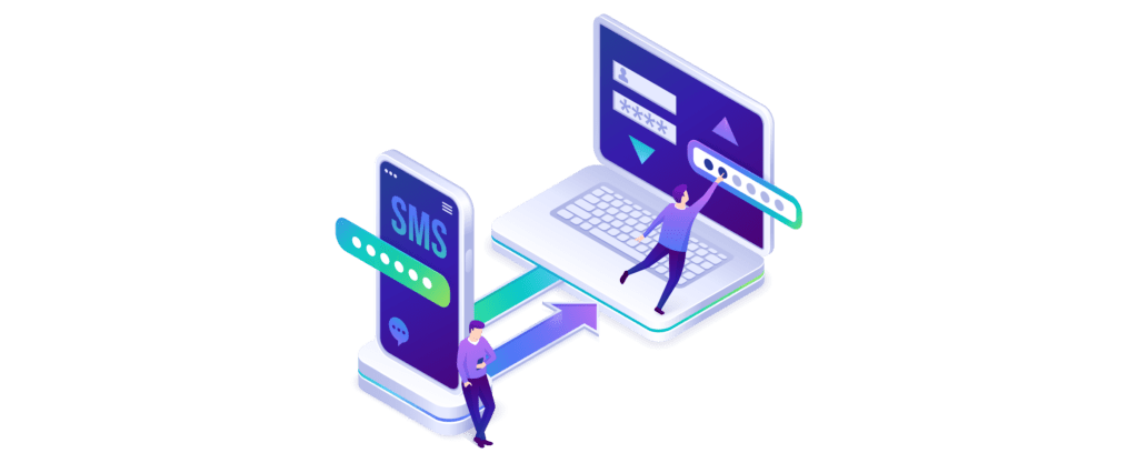 Illustratie van twee-factor-authenticatie: inloggen op laptop met sms-verificatie op smartphone